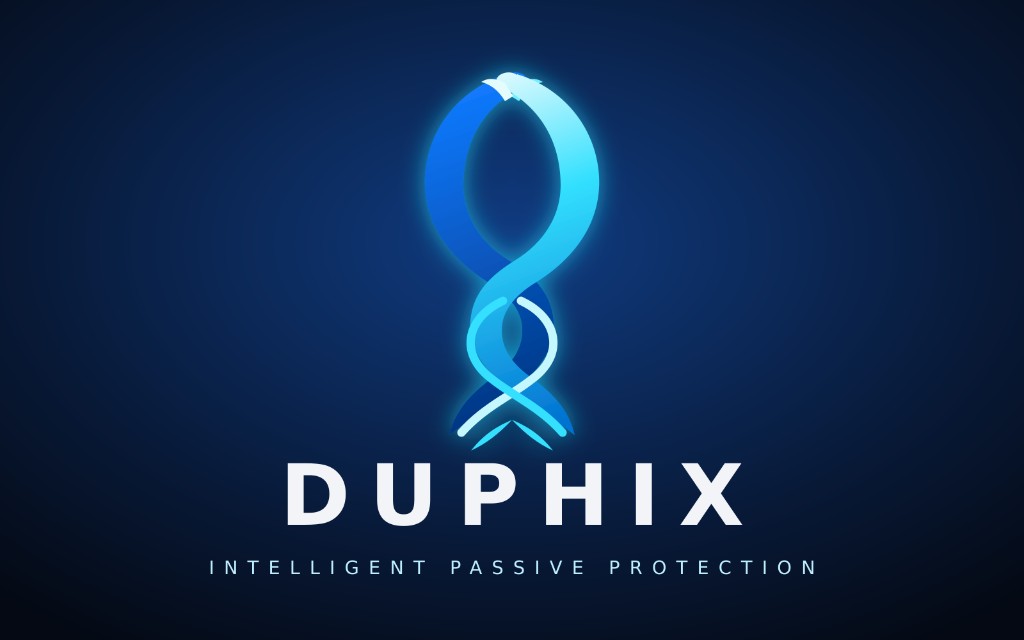 DUPHIX artwork showing two luminous dolphins forming a connected circular symbol above the DUPHIX name.